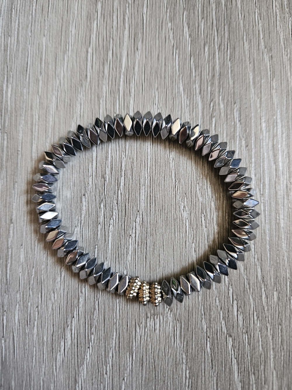 Source Unknown Silver Hematite Bracelet with Gold Accent Beads
